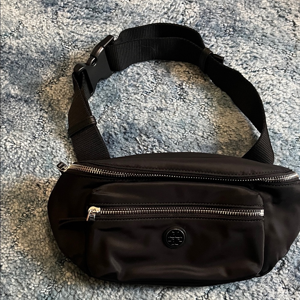 Tory Burch Black Nylon Waist Bag with Silver Zippers